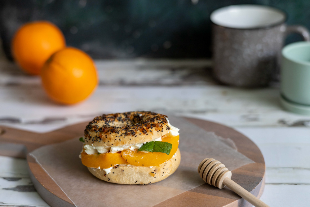 Gluten Free Grilled Peach, Goat Cheese and Mint Bagel
