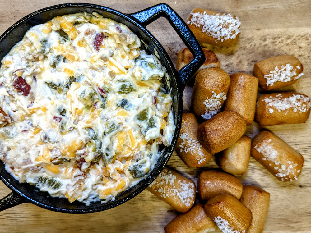 gluten free jalapeno popper dip with soft pretzel nuggets
