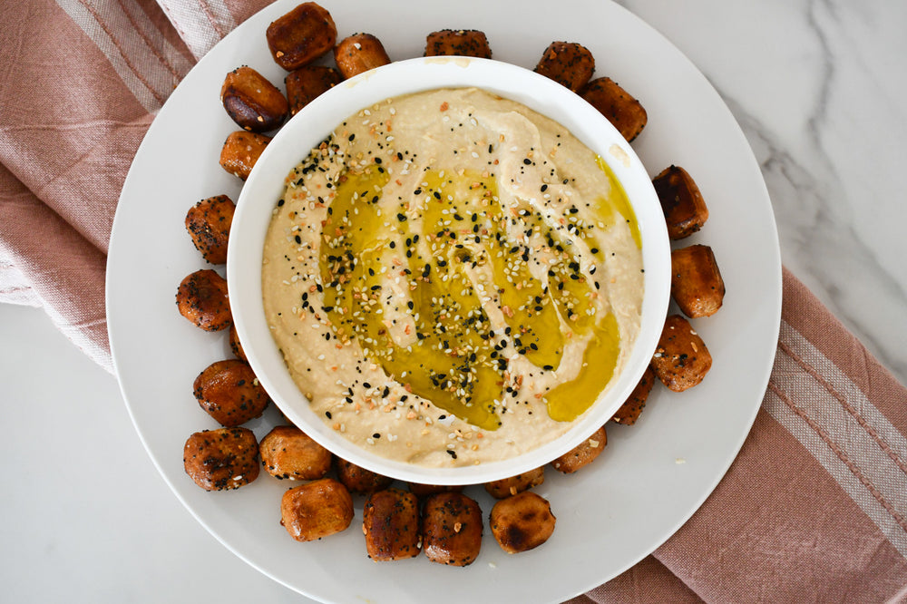 gluten free vegan garlic hummus in a bowl 